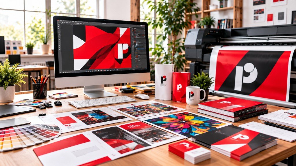 Estudio creativo de impresión en rojo y negro